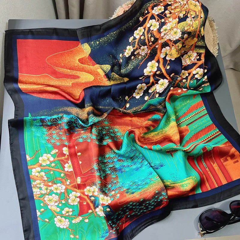70*70cm Flower Silk Square Scarf Women Satin Shawl Wrap Hijab Female Hair Band Wrist Luxury Headkerchief Echarpe fashion Bandana