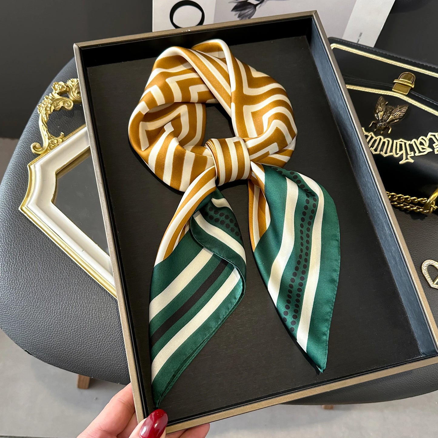 New lady Girl 70*70cm Silk Satin Hair Scarf Women Handkerchief stripe Printed Female Square Head Bandana Small Neck Muffler Hija