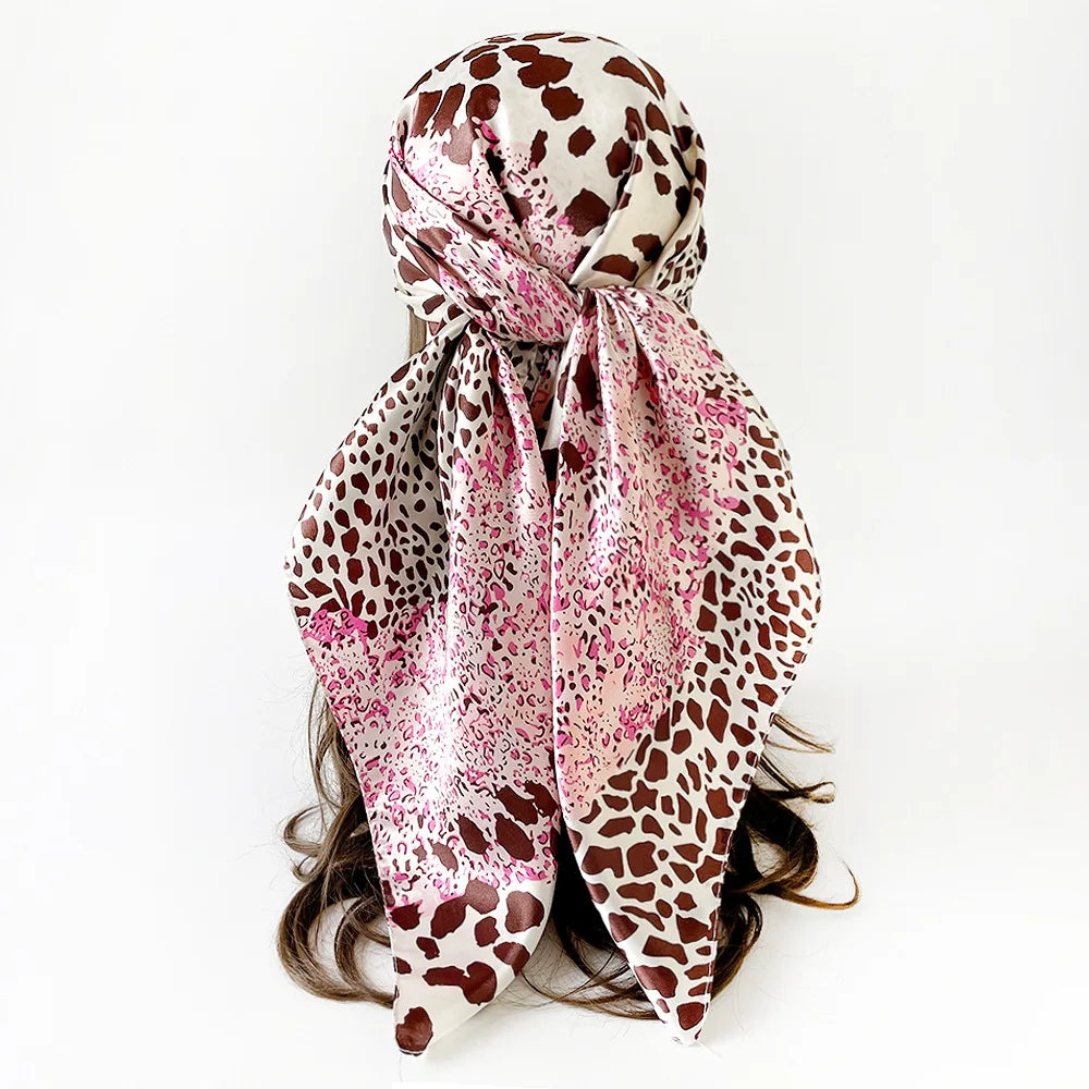 Leopard Print Square Scarf Stitching Color 90cm Satin Square Scarf Arab Trend Shawl Scarf Ladies Headscarf Hair Accessories