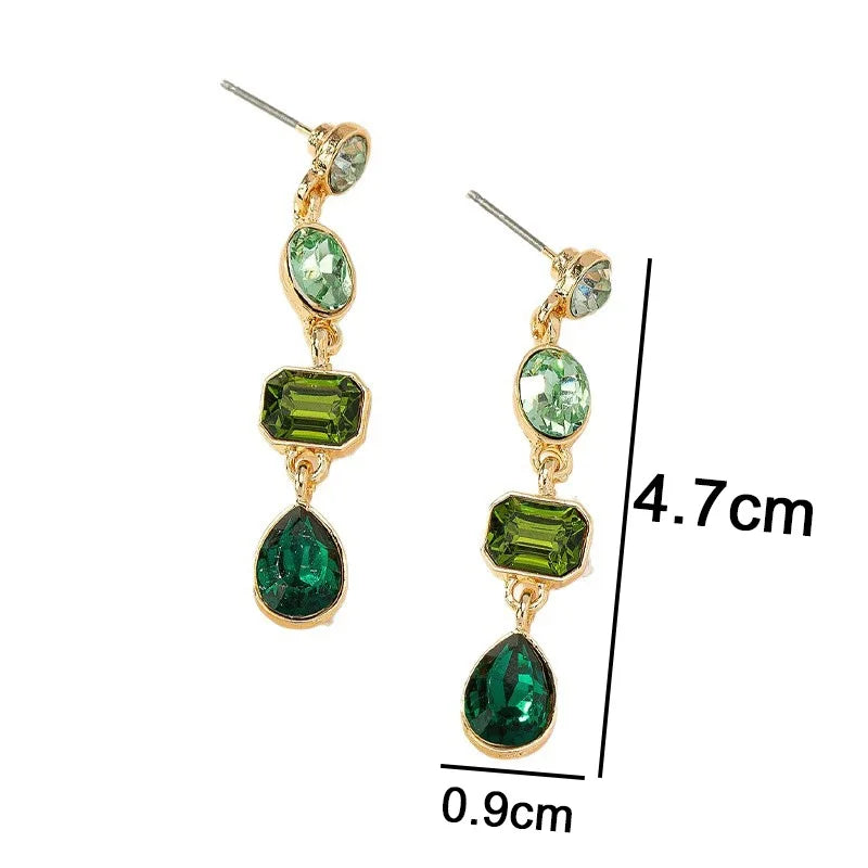 Retro Gradient Green Square Crystal Drop Earrings for Women Elegant Light Luxury Long Pendant Earrings Geometric Jewelry Gifts