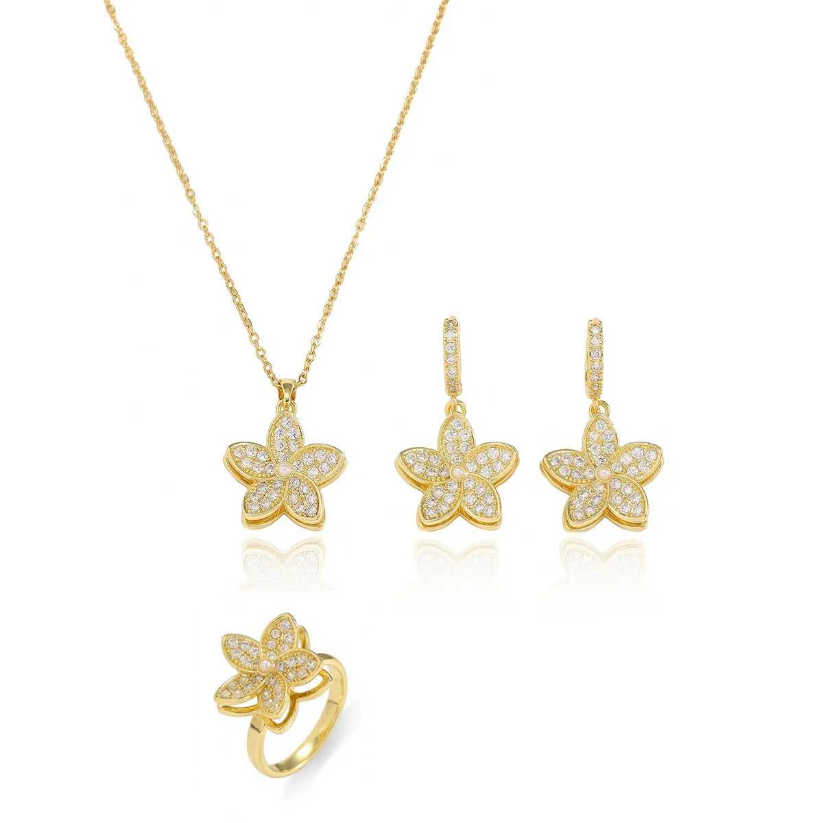 Luxury Rotatable Zircon Flower Necklace Drop Earrings Ring for Women Stainless Steel Chain Necklaces Jewelry Sets Creative Gifts