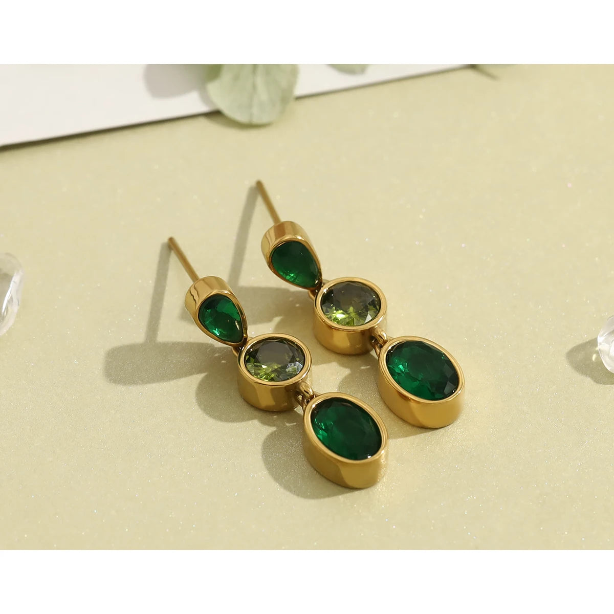 YACHAN Vintage Luxury Green Zircon Crystal Drop Earrings for Women 18K Gold Plated Stainless Steel Waterproof Trendy Jewelry