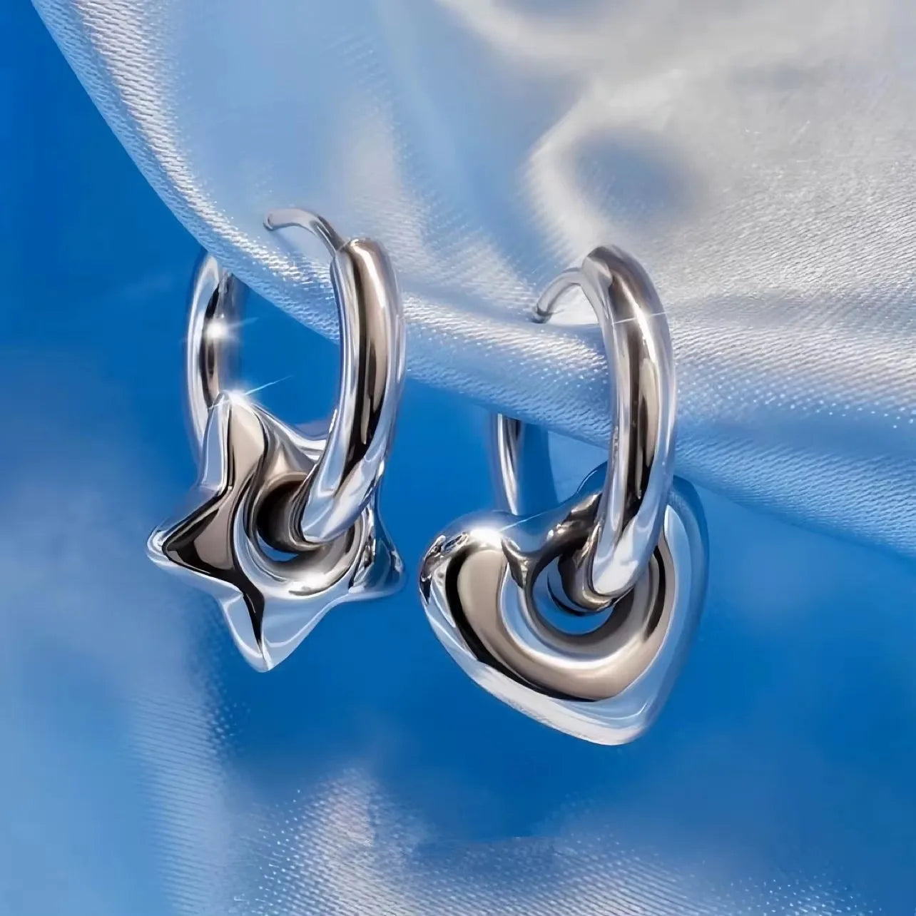 Stainless Steel Asymmetric Star Love Heart Hoop Earrings For Women Men Punk Hip Hop Trend Y2K Fashion Jewelry Scene Accessories