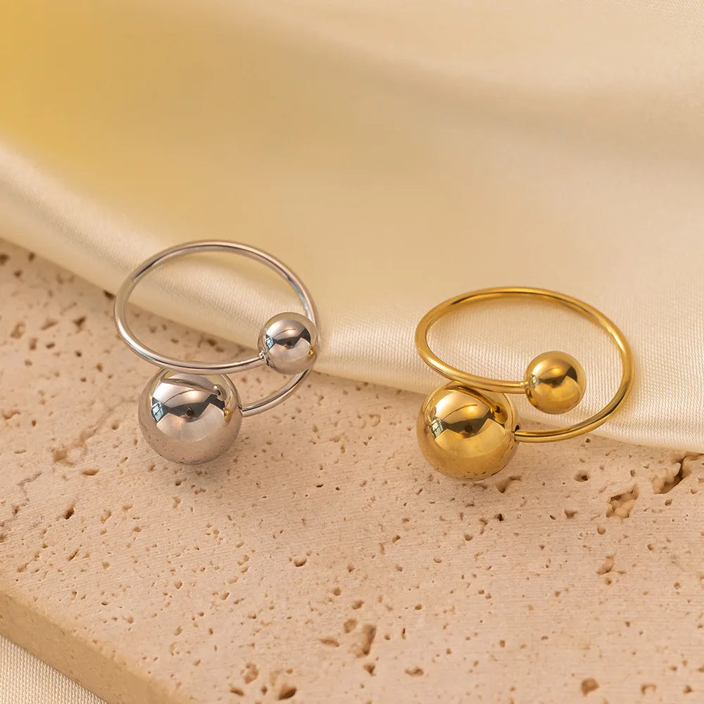 Ladies Gold Plated Stainless Steel round Bead Opening Ring Fashionable Party Accessory Gift