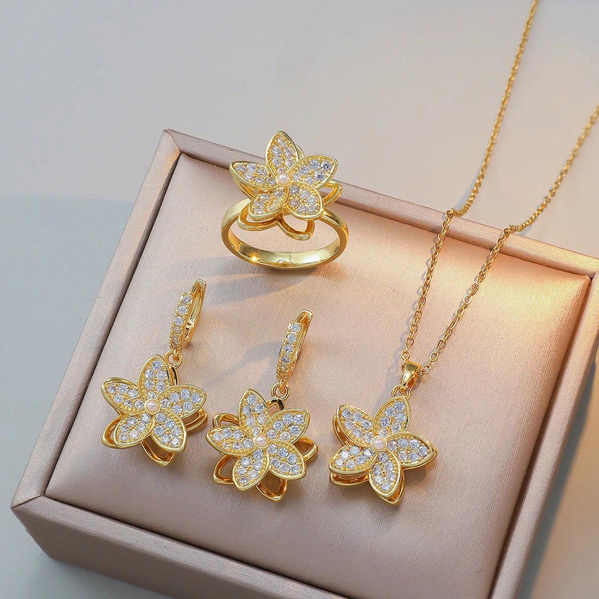 Luxury Rotatable Zircon Flower Necklace Drop Earrings Ring for Women Stainless Steel Chain Necklaces Jewelry Sets Creative Gifts