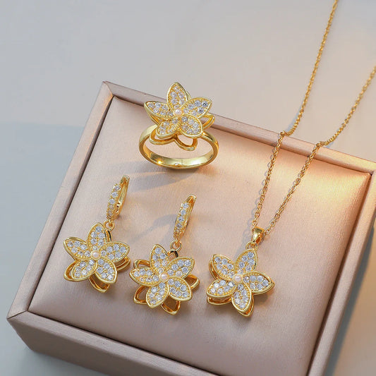 Luxury Rotatable Zircon Flower Necklace Drop Earrings Ring for Women Stainless Steel Chain Necklaces Jewelry Sets Creative Gifts