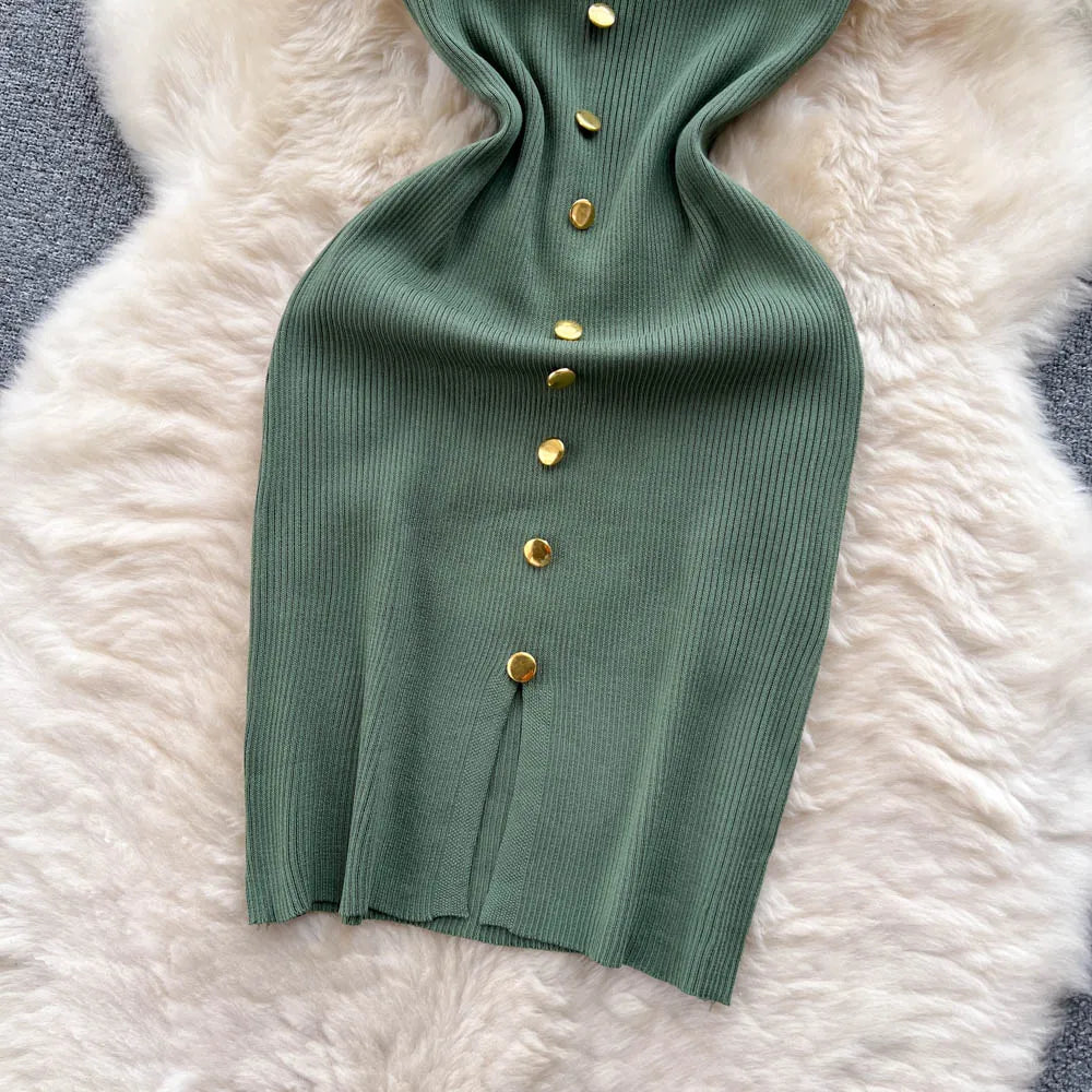 Bottons 2026 Sexy Summer Short Knit Strap Dress Women Tank Elatic Waist Bodycon Sundress Female Beach Split Backless Mini Dress