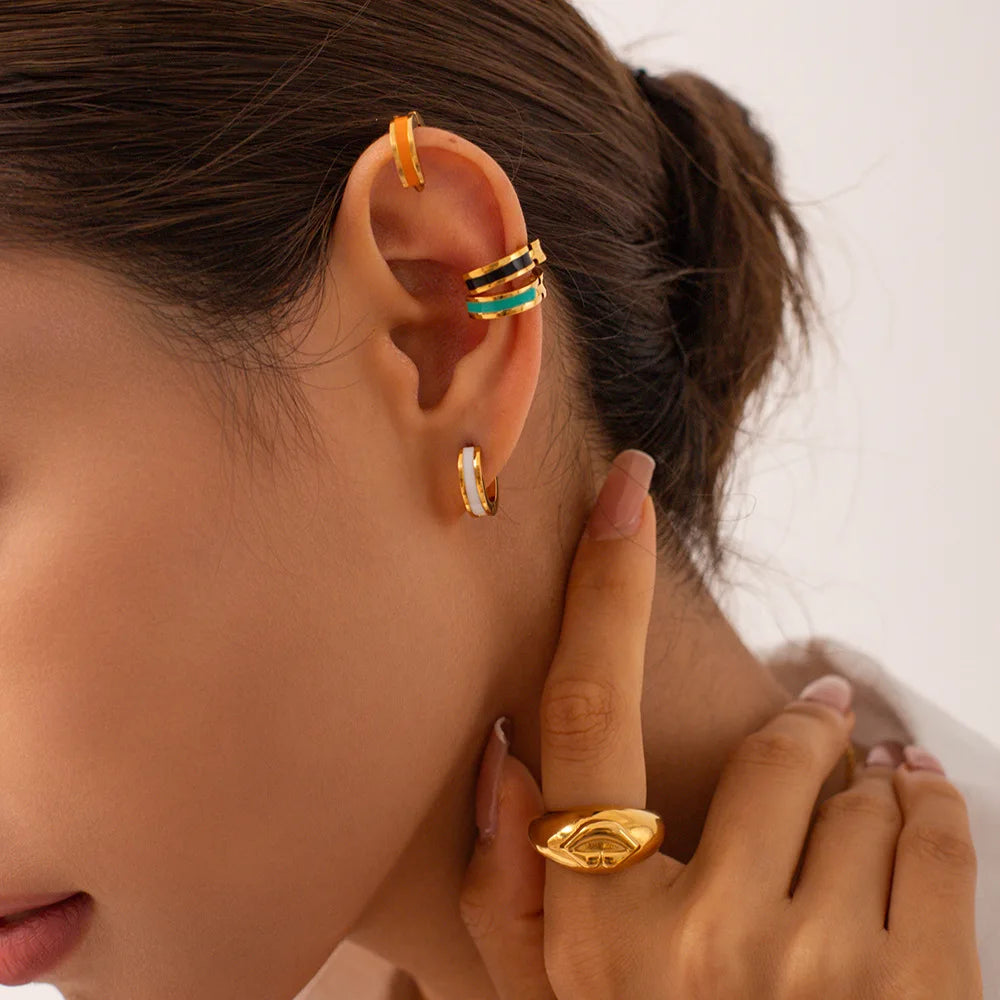 Glamour Jewelry Stainless Steel Dripping Oil Black White Colorful Enamel Hoop Earrings Geometric Enamel Stud Earrings for Women