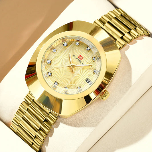 Popular luxury gold diamond waterproof business steel band men's women's watches oval unisex style couple quartz watch
