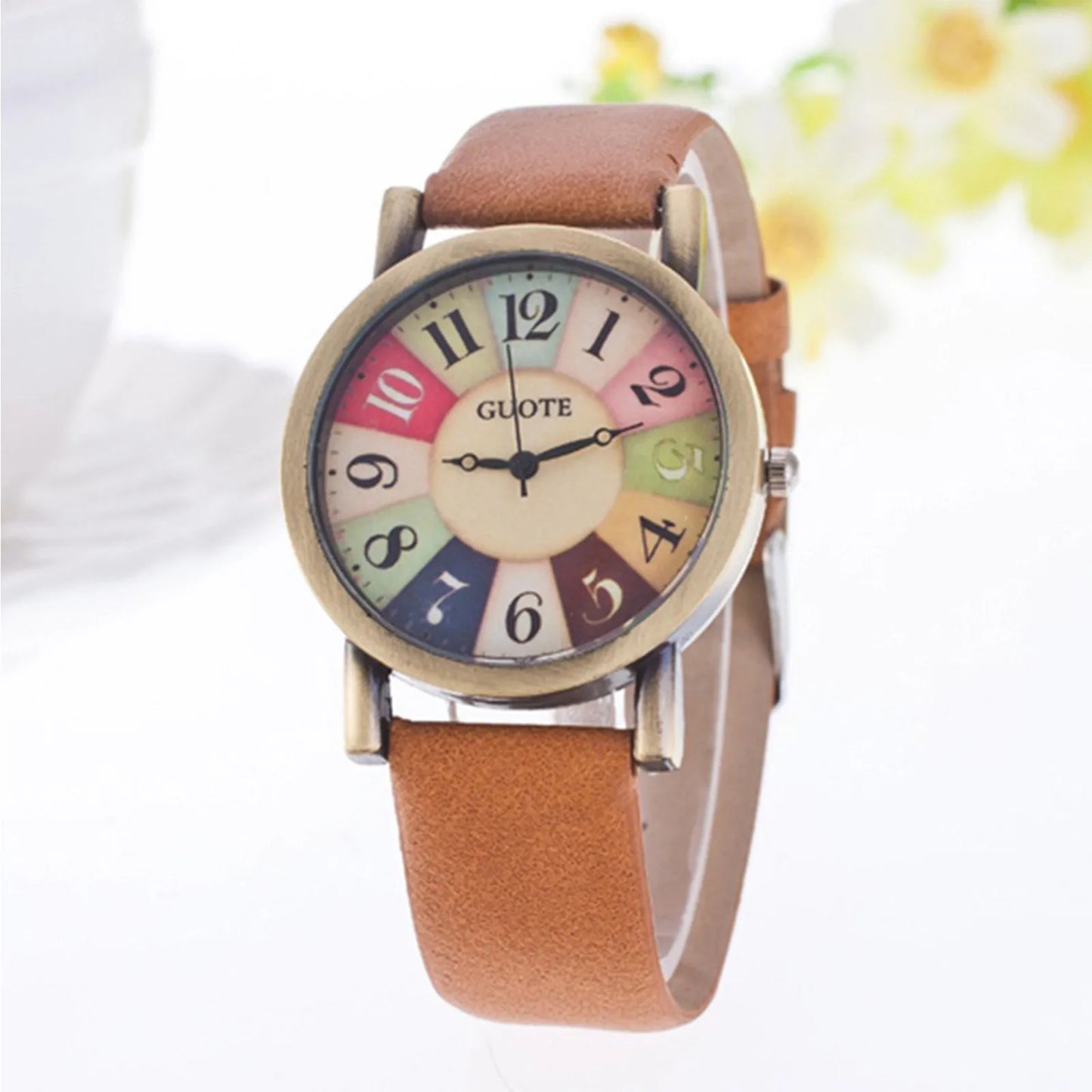 Women'S Quartz Watch Rainbow Color Digital Clock Wood Grain Turntable Top New Famous Retro Casual Leather Strap Student Gift