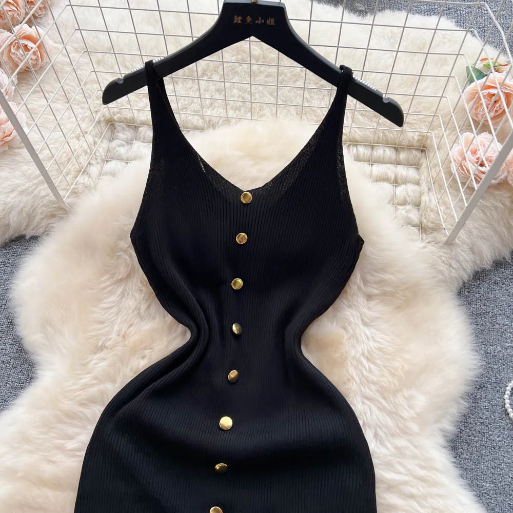 Bottons 2026 Sexy Summer Short Knit Strap Dress Women Tank Elatic Waist Bodycon Sundress Female Beach Split Backless Mini Dress