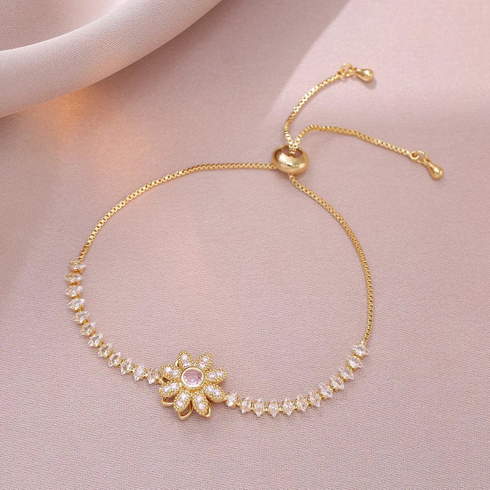 Elegant Pink Crystal White Zircon Rotating Flower Bracelets for Women Trendy Gold Color Chain Sunflower Bracelet Wedding Jewelry