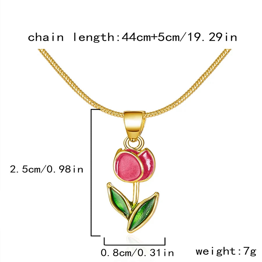 Obega Purple Flower Green Leaf Pendant Necklace For Women Tulip Flower Girls Cute Necklace Gorgious Daily Wear Fashion Jewelry