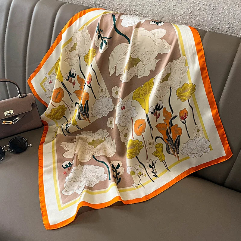 27.5" Elegant Floral Print Satin Square Scarf for Women Soft Lightweight Shawl Neck Accessory Headband Sun Protection Scarf