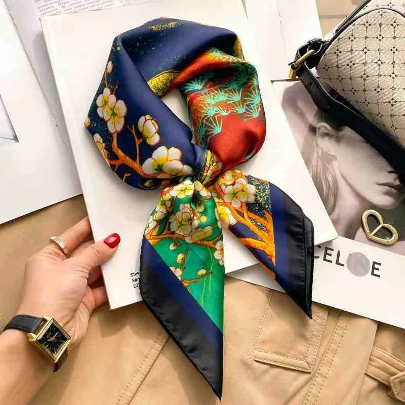 Silk Square Scarf Women Luxury Floral Print Soft Satin Kerchief Hairband Neckerchief Head Hijab Lady Headband Foulard Bag Ribbon