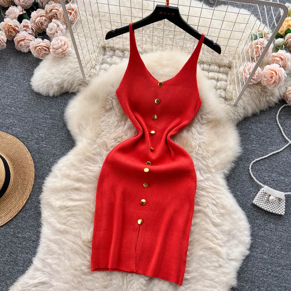 Bottons 2026 Sexy Summer Short Knit Strap Dress Women Tank Elatic Waist Bodycon Sundress Female Beach Split Backless Mini Dress