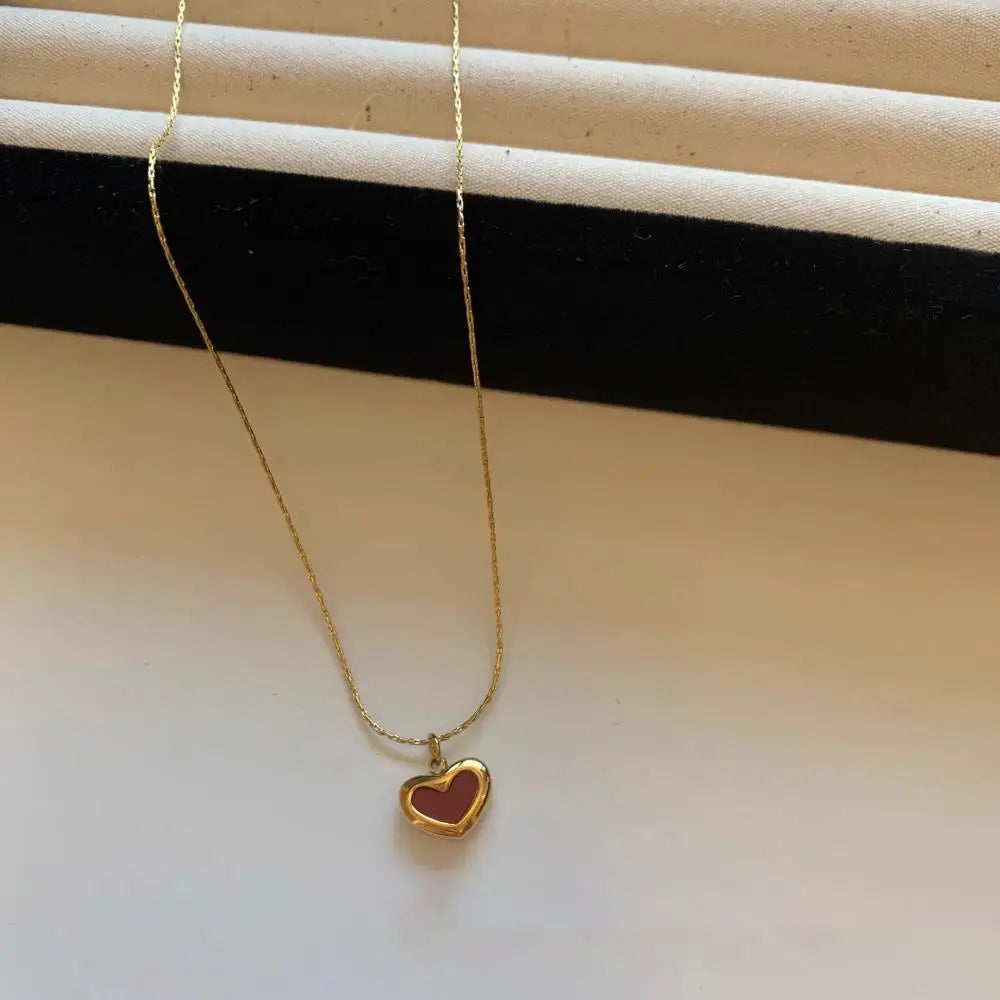 Stainless Steel Red Love Heart Pendant Necklace Earrings Jewelry Set For Women Girls Gold Color Chain Accessories Birthday Gifts