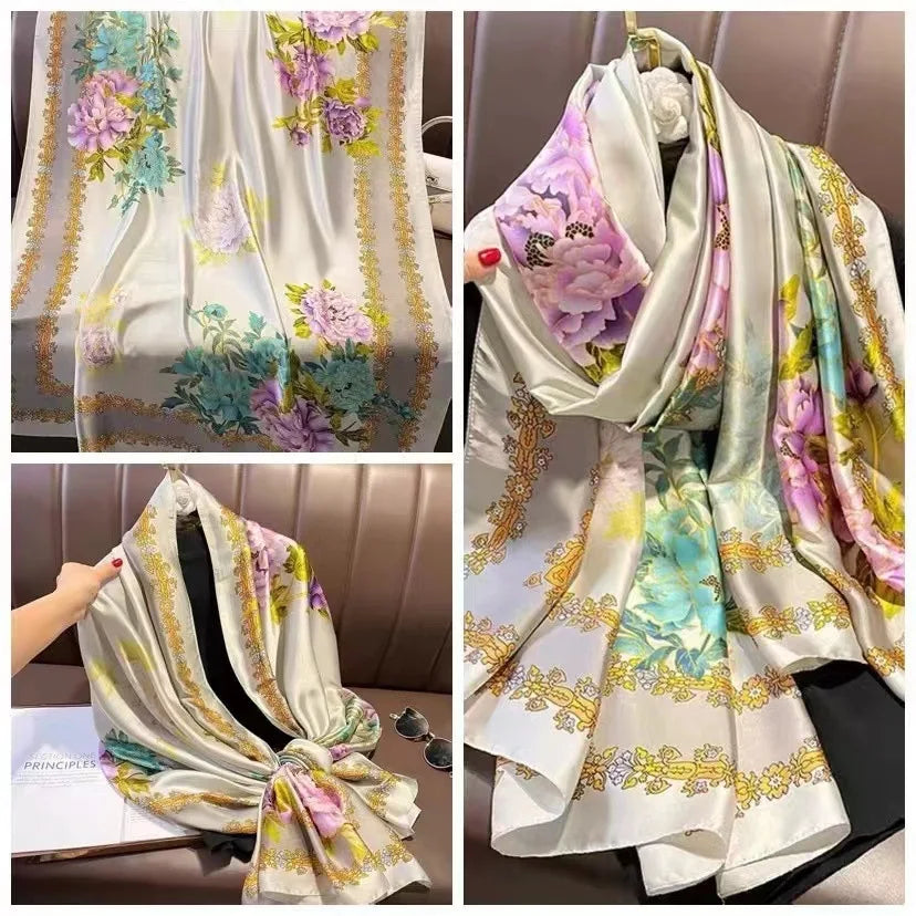 180*90cm Scarves Luxury Brand Long Silk Scarf Women Soft Shawl Wrap Muffler Hijab Bufanda Foulard Female Bandana Beach Stoles