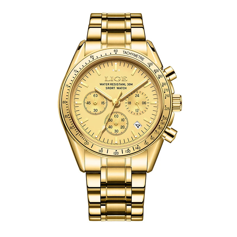 Gold wristwatch with detailed face on a white background