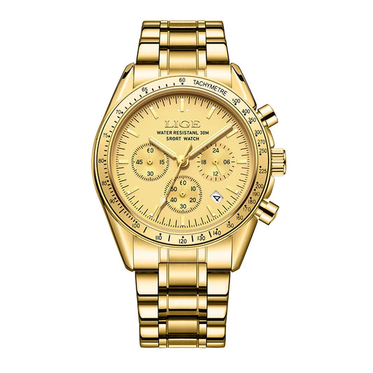 Gold wristwatch with detailed face on a white background