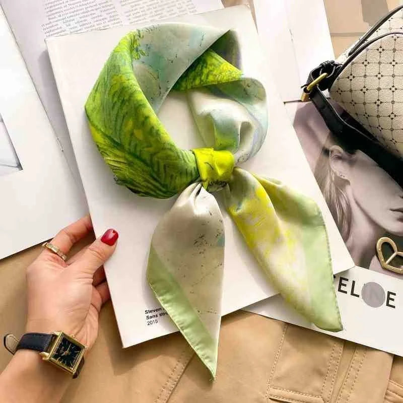 Fashion 70cm Green Print Square Silk Scarf Women Satin Neck Scarves Wrap Headkerchief Beach Hair Band Women's Bandana