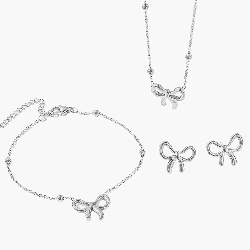 Stainless Steel 3 Pc Set Bow Pendant Earrings Earrings Set Hollow Bow Bracelet Set Valentine's Day Gift Women's Fashion Jewelry