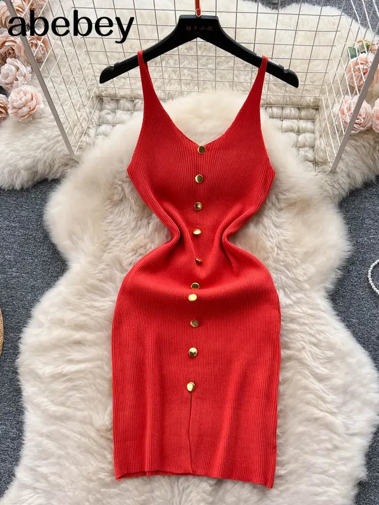 Bottons 2026 Sexy Summer Short Knit Strap Dress Women Tank Elatic Waist Bodycon Sundress Female Beach Split Backless Mini Dress