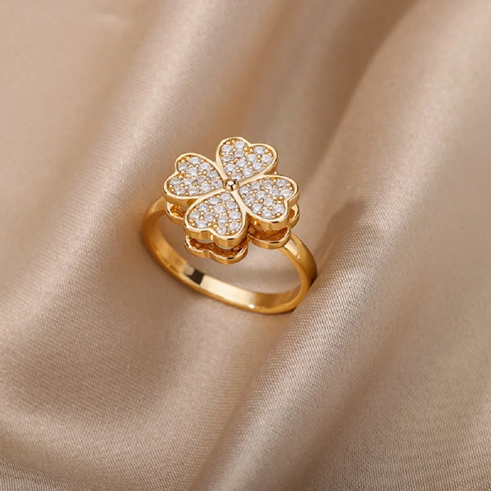 Four Clover Rotating Anxiety Rings for Women Adjustable Stainless Steel Wedding Ring 2024 New In Aesthetic Jewelry Gift anillos