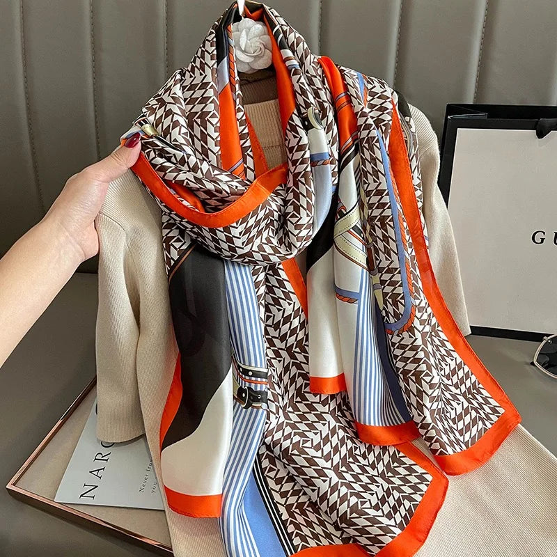 180x90 Cm Large Silk Soft Scarf Women Stylish Print Long Shawl Handkerchief Summer Elegant Travel Wrap Hot