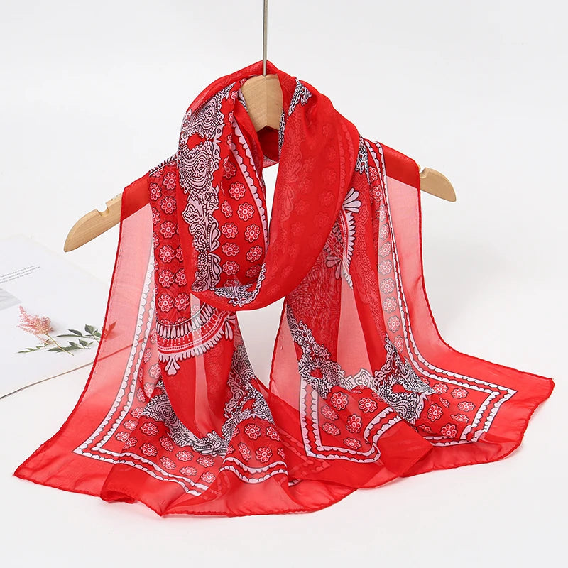 2026 New Print Chiffon Scarf Shawl Women Sunscreen Silk Scarf Turban Long Wrap Beach Travel Outdoor Accessories Trendy Headband