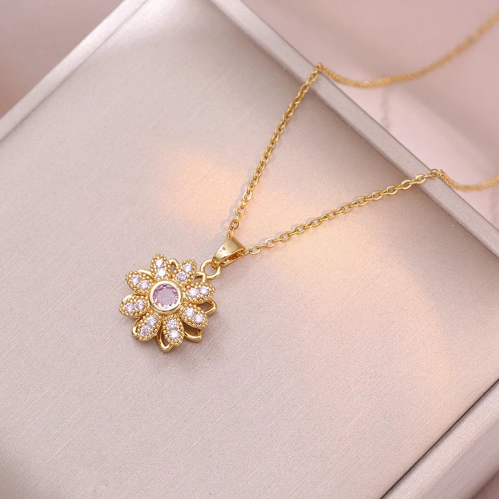 Rotatable Zircon Flower Necklace Earrings Ring Bracelet for Women Luxury Sweet Daisy Flower Jewelry Sets Accessories Gifts