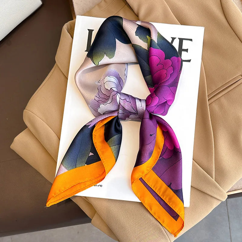 70*70cm Luxury Floral Print Silk Square Scarf Women Foulard Hairband Hands Bag Ribbon Head Hijab Neckerchief Headband Bandana