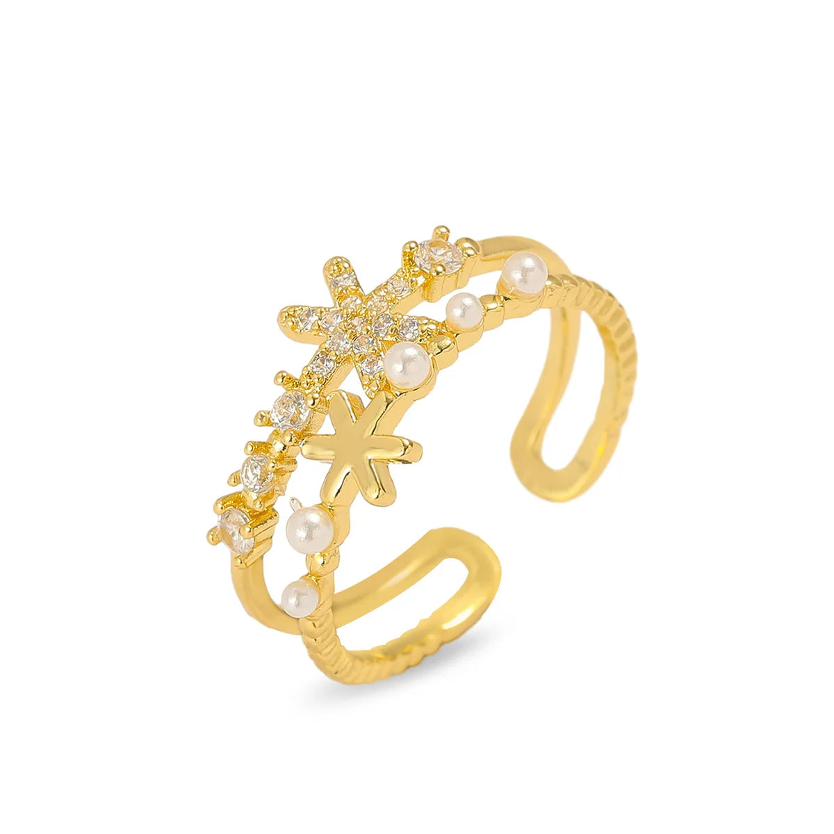 Luxury  Imitation Pearl Zircon Leaf Flower Copper Rings for Women Girls Adjustable Open Ring Jewelry Gifts for Friends