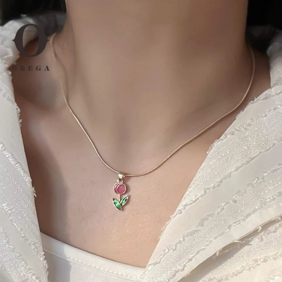 Obega Purple Flower Green Leaf Pendant Necklace For Women Tulip Flower Girls Cute Necklace Gorgious Daily Wear Fashion Jewelry