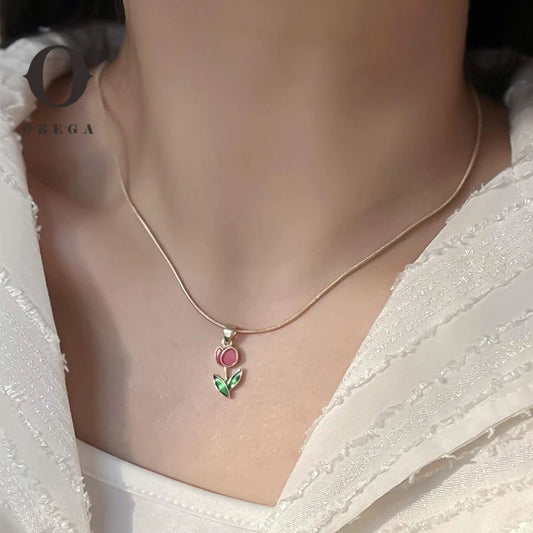 Obega Purple Flower Green Leaf Pendant Necklace For Women Tulip Flower Girls Cute Necklace Gorgious Daily Wear Fashion Jewelry