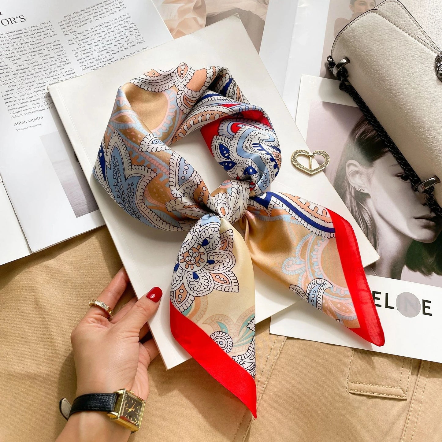 Silk Square Scarf Women Luxury Floral Print Soft Satin Kerchief Hairband Neckerchief Head Hijab Lady Headband Foulard Bag Ribbon