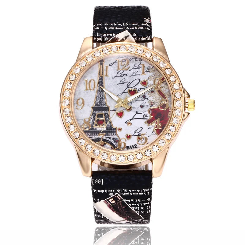 Fashion Large Dial Ladies Quartz Watch Romantic Eiffel Tower Design Women Leather Clock Gift Dress Watches