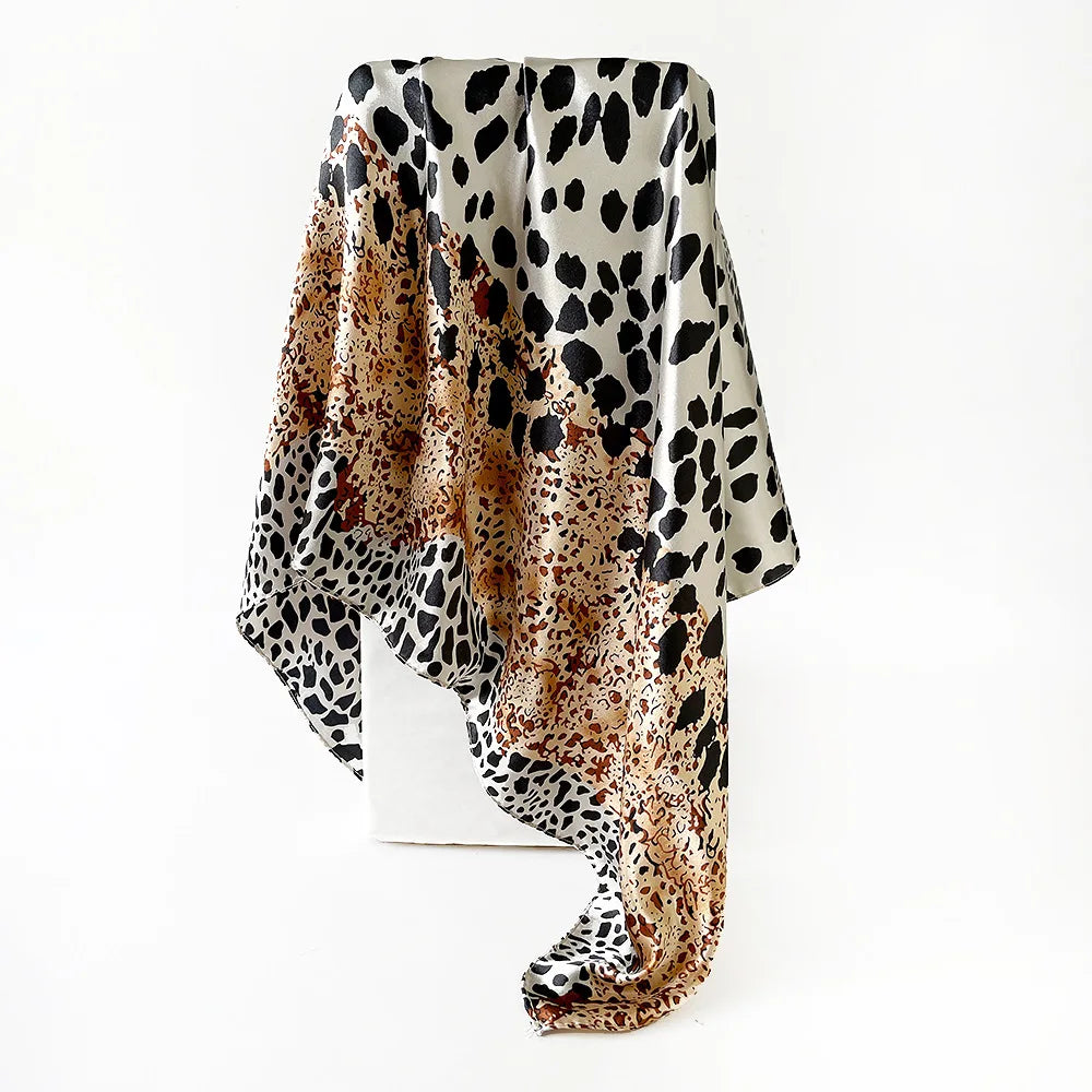 Leopard Print Square Scarf Stitching Color 90cm Satin Square Scarf Arab Trend Shawl Scarf Ladies Headscarf Hair Accessories