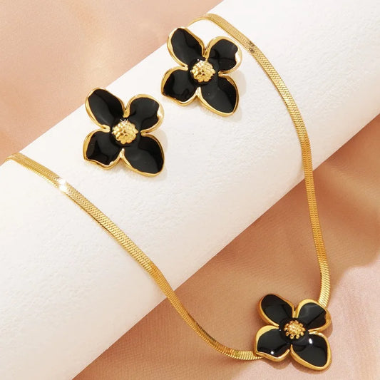 Stainless Steel Dripping Oil Flower Necklace Earring Set Light Luxury High-end Color Drip Glaze Frangipani Jewelry Set