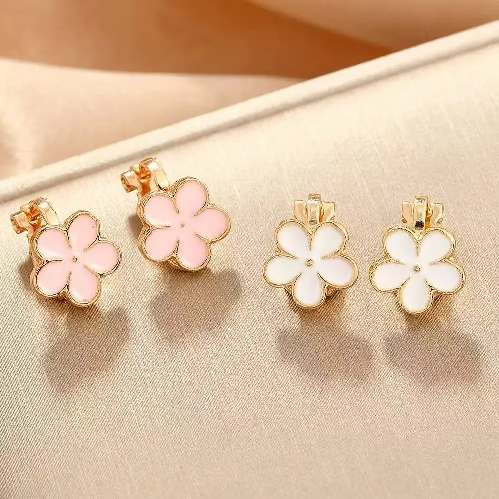 Korean Cute Golden Enamel Flower Clip On Earrings Without Piercing Party No Hole Earcuffs For Women Small Floral Jewelry