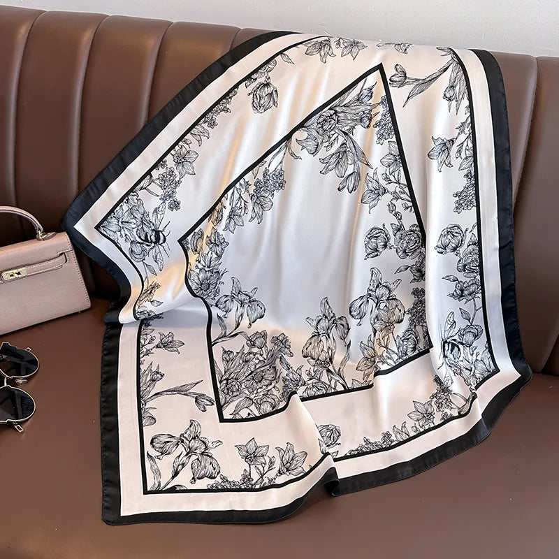 70*70cm Luxury Floral Print Silk Square Scarf Women Foulard Hairband Hands Bag Ribbon Head Hijab Neckerchief Headband Bandana