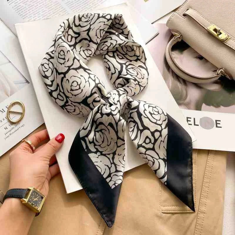 Silk Square Scarf Women Luxury Floral Print Soft Satin Kerchief Hairband Neckerchief Head Hijab Lady Headband Foulard Bag Ribbon