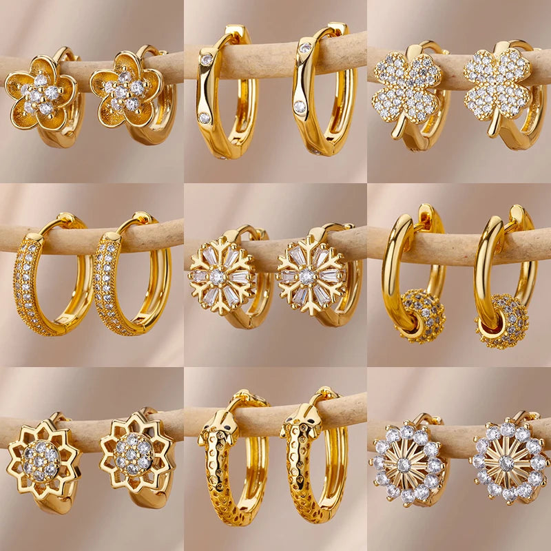 Collage of gold hoop earrings with floral designs on a beige background
