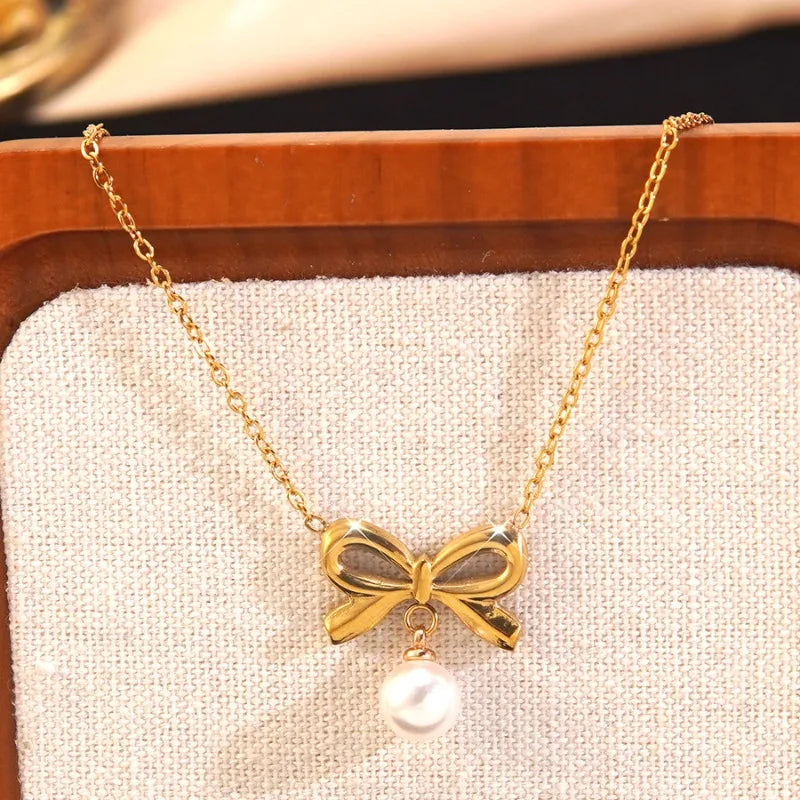 Hot Selling Stainless Steel Bow Necklace Light Luxury High-end Pearl Earrings Titanium Steel Color Non-fading Jewelry