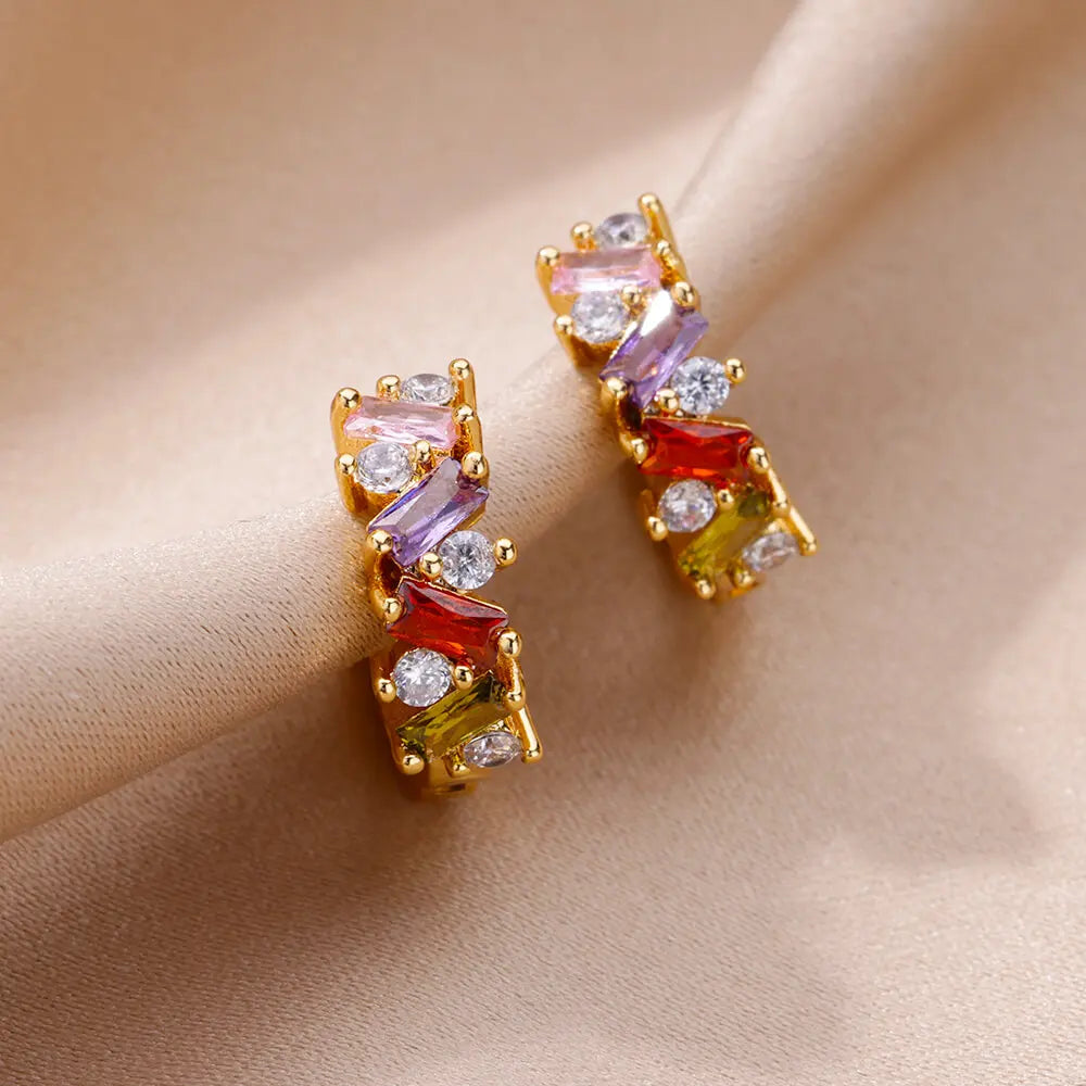 Rainbow Zircon Earring For Women Girls Stainless Steel Hoop Piercing Earring 2024 New Trend Luxury Wedding Jewelry Gift