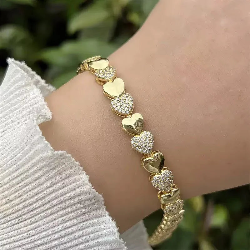 5Pcs ﻿ Fashionable Multi Style Copper Plated 18K Gold Zircon Handmade Chain Bracelet Luxury for Daily Wear, Mother's Day Gift