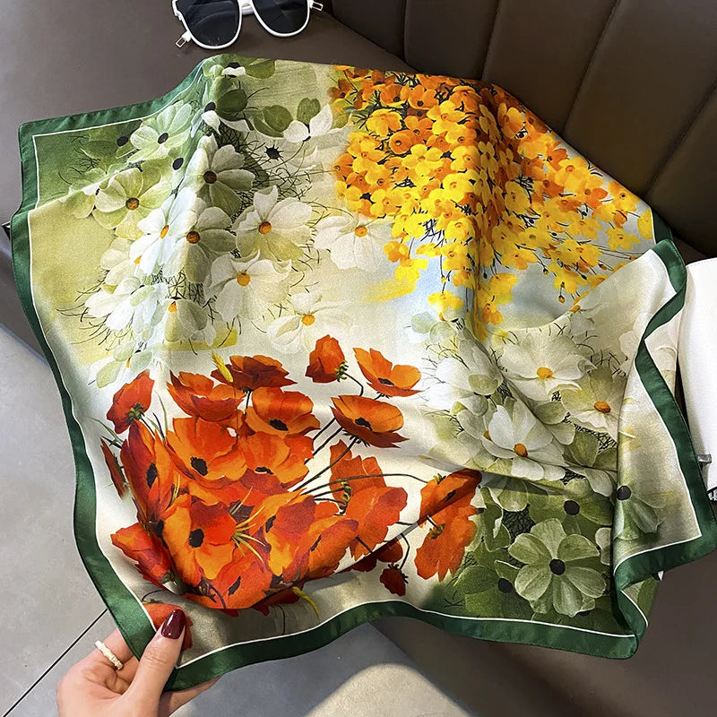 70*70cm Flower Silk Square Scarf Women Satin Shawl Wrap Hijab Female Hair Band Wrist Luxury Headkerchief Echarpe fashion Bandana