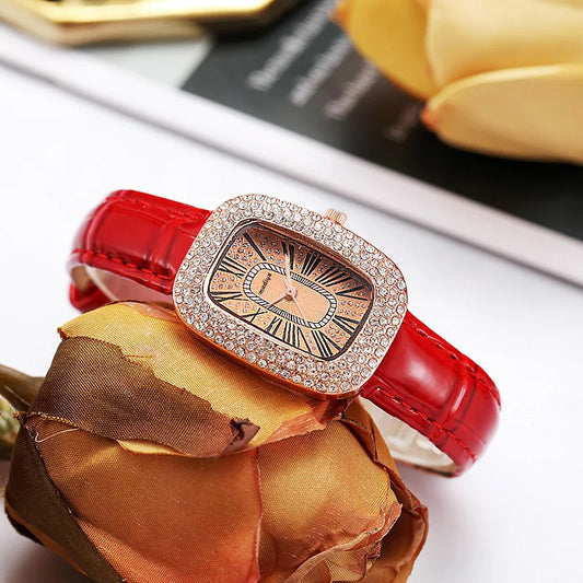 Fashionable women's leather strap watch with diamond inlay, rhinestone wine barrel, women's quartz watch