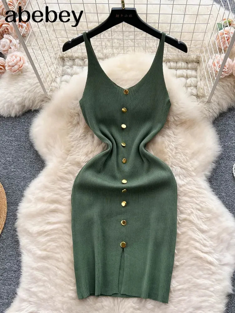Bottons 2026 Sexy Summer Short Knit Strap Dress Women Tank Elatic Waist Bodycon Sundress Female Beach Split Backless Mini Dress