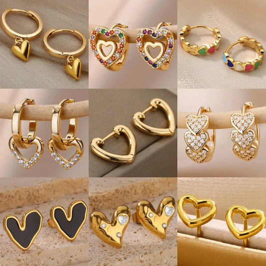 Stainless Steel Gold Plated Heart Shaped Set Zircon Stud Earrings for Women Delicate Hoops Earring Wedding Party Jewelry Gifts